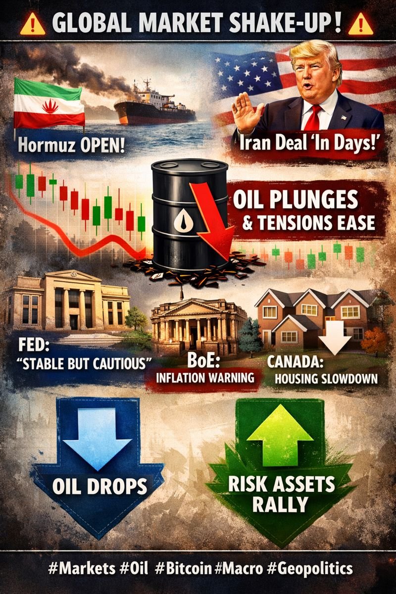 NeoKaranCrypto's tweet photo. 🚨 GLOBAL MARKET SHAKE-UP 🚨🇮🇷 Iran says Hormuz is OPEN → 🛢️ Oil plunges
🇺🇸 Trump hints Iran deal “in days” + easing tensions
💣 War risk cooling… but talks still fragileMeanwhile 👇
🏦 Fed: economy “stable but cautious”
🇬🇧 BoE: warning on inflation
🇨🇦 Housing slowingThis is BIG:
Less war risk = lower oil = shifting macro = markets repositioning fast.👇 What’s next?
📉 Oil keeps falling
📈 Risk assets rally#Markets #Oil #Bitcoin #Macro #Geopolitics #NKC