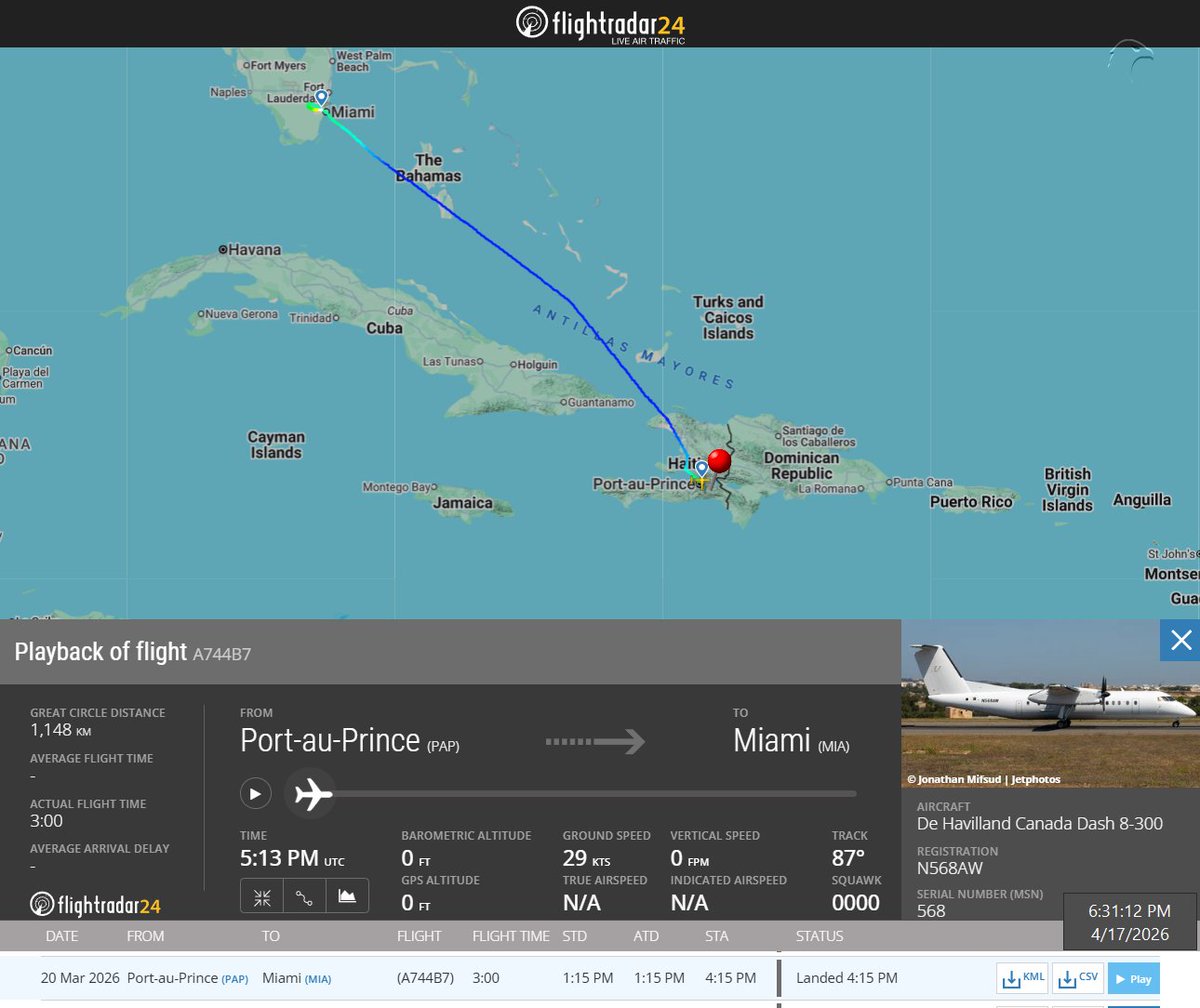 FlconEYES's tweet image. N568AW | De Havilland Canada Dash 8-Q315

El vuelo oficial del Departamento de Estado, cuando visitó Habana el #10Abril pasado. 🧐

#Miami-#Habana 

Otros encuentros anteriores pudieron haberse realizado en zonas cercanas a la isla.
#Now #ADSB #cuavion #Cuba #17Abr