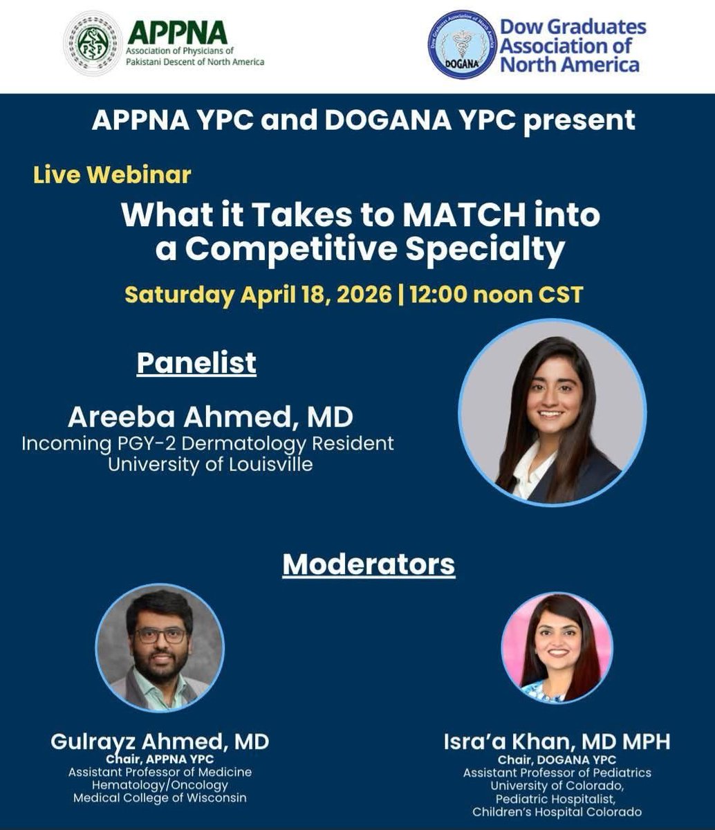appnaypc's tweet photo. Webinar on:
"What it takes to MATCH into a competitive specialty" 

APPNA YPC x DOGANA YPC

👩‍⚕️ Dr Areeba Ahmed, Incoming Derm PGY2

 Dr Gulrayz Ahmed, Dr Isra’a Khan

📅 April 18
⏰ 12 PM CST

Register: https://t.co/A5UOrDNc5x https://t.co/ZmpqEdZSVR