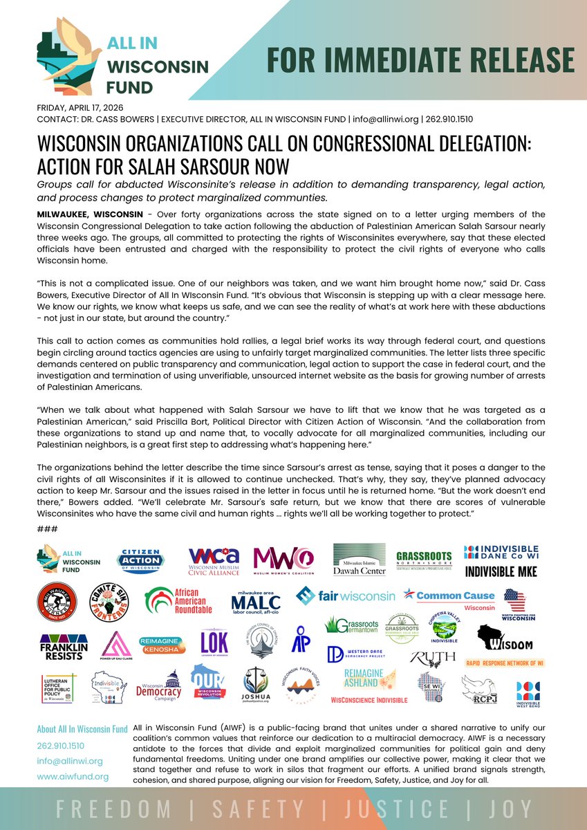 WisconsinAllin's tweet photo. BREAKING: 40+ orgs across WI say it loud: One of our neighbors was taken without cause. He was targeted as a Palestinian American. And we want him brought home. We are #AllInWisconsin and we want action for Salah Sarsour now. Like, share, and stay tuned! #BringHimHome https://t.co/EvGGE2uwPQ