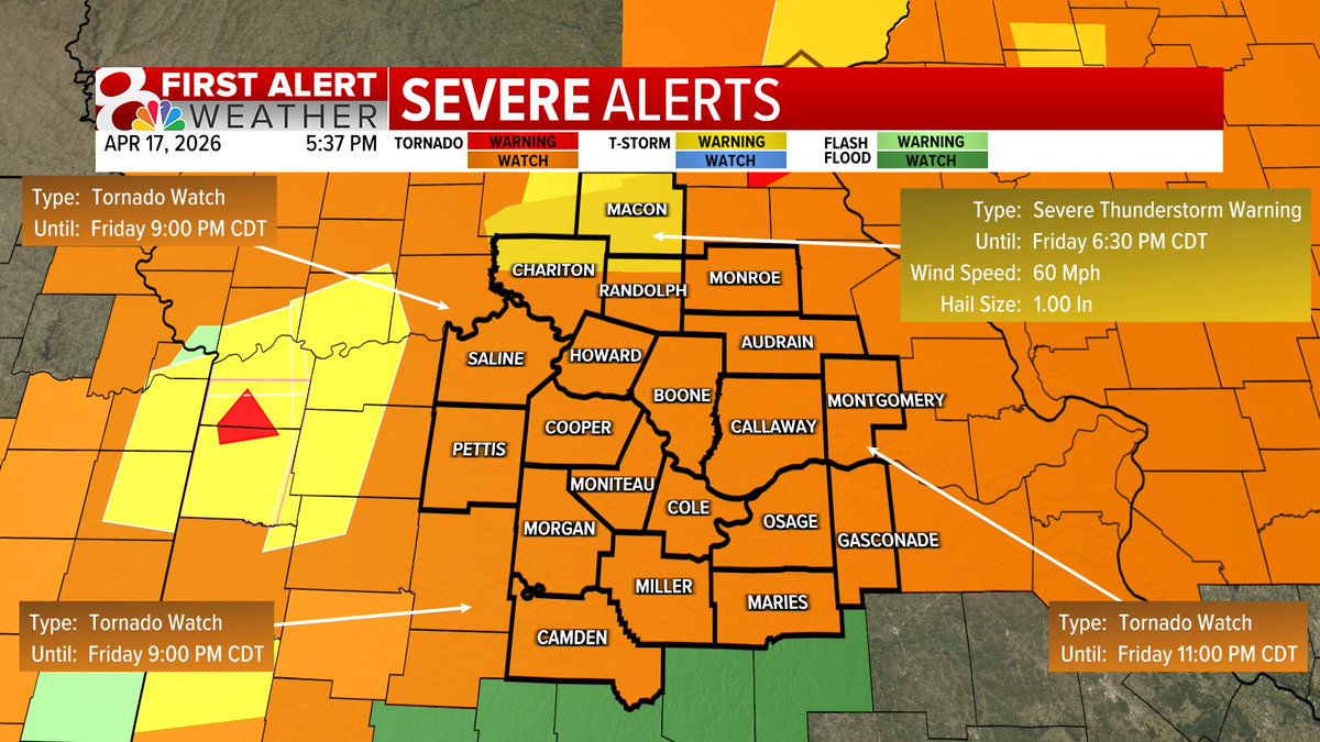KOMUMatt's tweet image. 5:37PM Friday: Tornado Watch now includes all of mid-Missouri until 9PM in our western counties &amp;amp; 11PM in our eastern counties. #MidMoWx #MoWx #MidMo @kesley_wx @EthanBeanWx