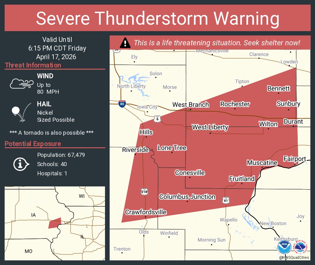 Severe Thunderstorm Warning continues for Muscatine IA, West Liberty IA ...