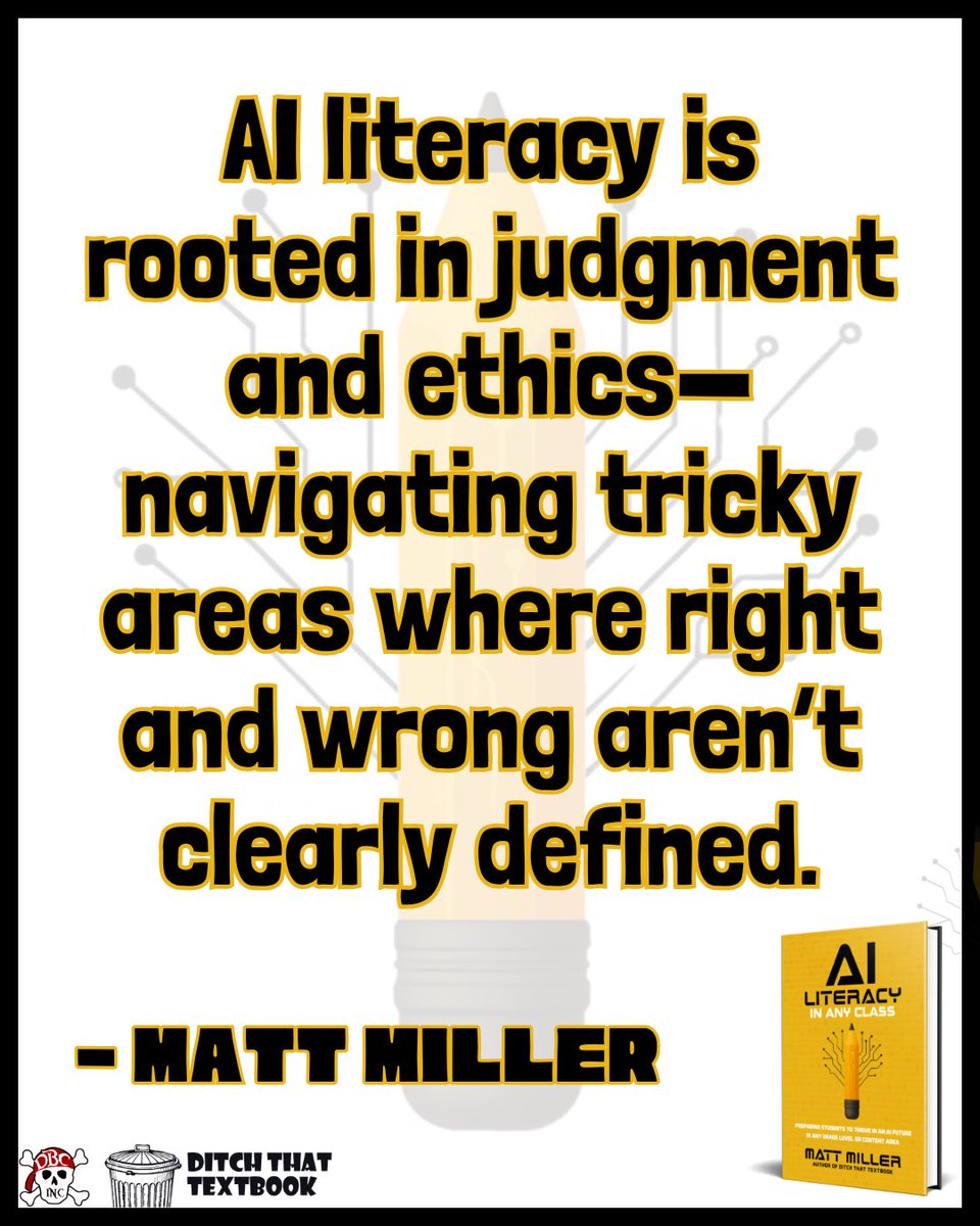 burgessdave's tweet photo. "#AI literacy is rooted in judgment and ethics... navigating tricky areas where right and wrong aren't clearly defined." - @jmattmiller in AI Literacy in ANY Class.
A Super practical approach from Matt Miller.
https://t.co/andiTZQgkW
#dbcincbooks #tlap #ditchbook #aiforedu #edtech