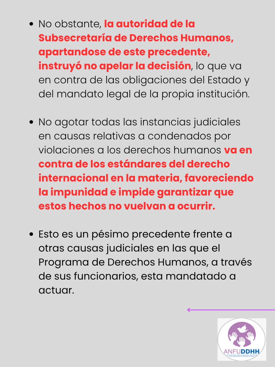 ANFUDDHH's tweet photo. Rechazamos la decisión de la autoridad de no impugnar la resolución de 16 de abril de 2026 en la causa rol Nº226-2026 de la Corte de Apelaciones de San Miguel https://t.co/fqRGOYRI6h
