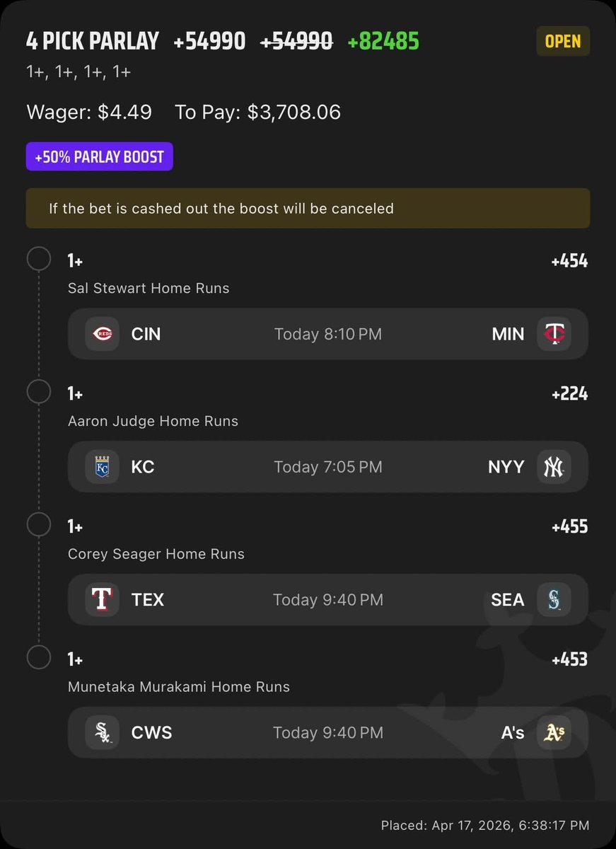 GhostEVplays's tweet image. ⚾️ DraftKings MLB Home Run Stack Lotto

⚾️ +82485 (FV +50890.16)
+EV: 65.17%
Playing: 0.03 Unit Max

#draftkings #sports #mlb #baseball