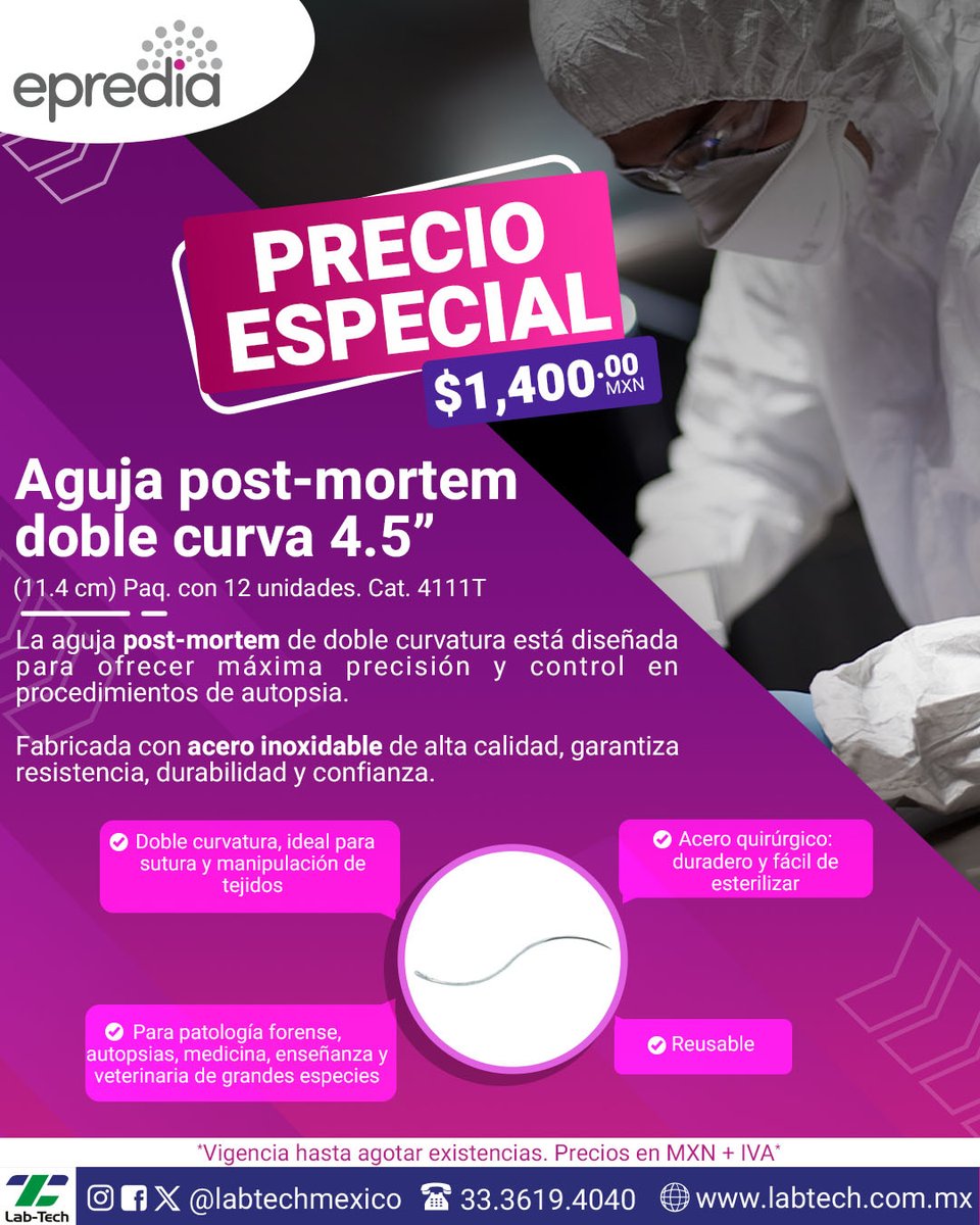LabTechMexico's tweet photo. Precisión en cada detalle.

La aguja post-mortem de doble curva 4.5” de Epredia ofrece control y eficiencia en procedimientos de autopsia.

✔ Alta durabilidad
✔ Reusable
✔ Ideal para uso forense y veterinario

📩 Contáctanos para más información https://t.co/lOzFt37PL3