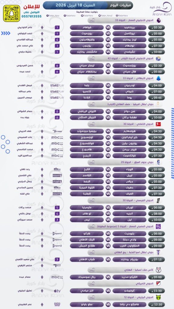 ⚽️ | #مباريات_اليوم  
🗓 | 18 ابريل       
#مباريات_السبت

#تشيلسي_مانشستريونايتد 
#نابولي_لاتسيو 
#صن_داونز_الترجي 
#اتلتيكو_سوسيداد