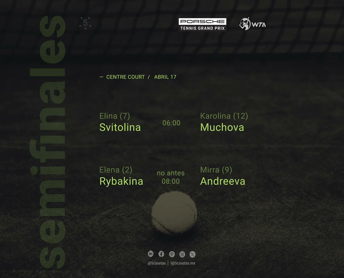 5Casetas's tweet image. Por la madrugada en #Semifinales del #PorscheTennisGrandPrix de Stuttgart

— Centre Court

06:00 (CDMX)
Elina Svitolina (7) vs Karolina Muchova (12)

No antes de 08:00
Elena Rybakina (2) vs Mirra Andreeva (9)

#WTA #tennis