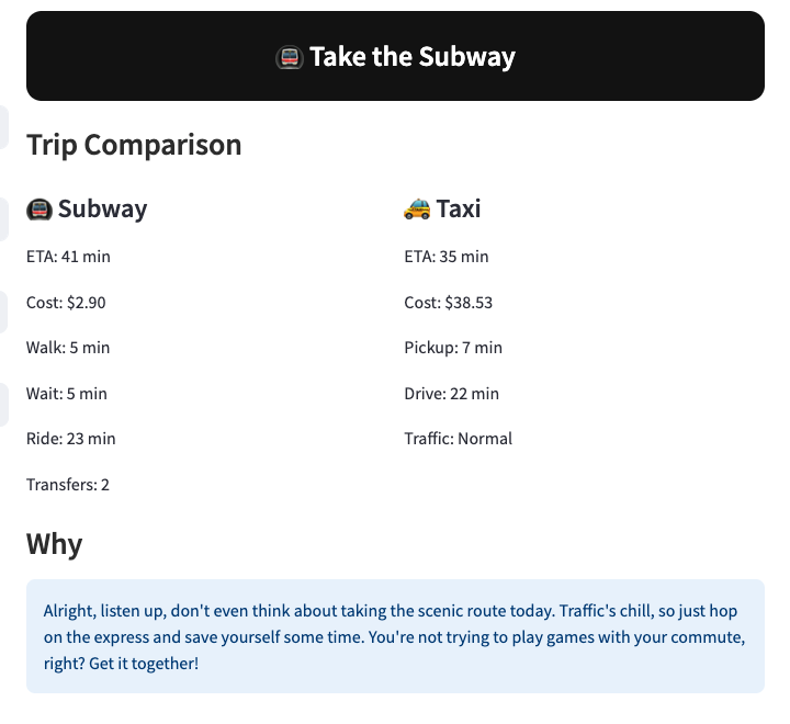 dane_fintech's tweet photo. Working on RouteIQ — an AI that compares subway vs taxi in NYC and tells you what to do. 🚕
Not like a chatbot…

like a New Yorker.

Getting close 👇
https://t.co/VakKxls0gr
https://t.co/JH5T8hBnmV https://t.co/m5OrvgrRtu