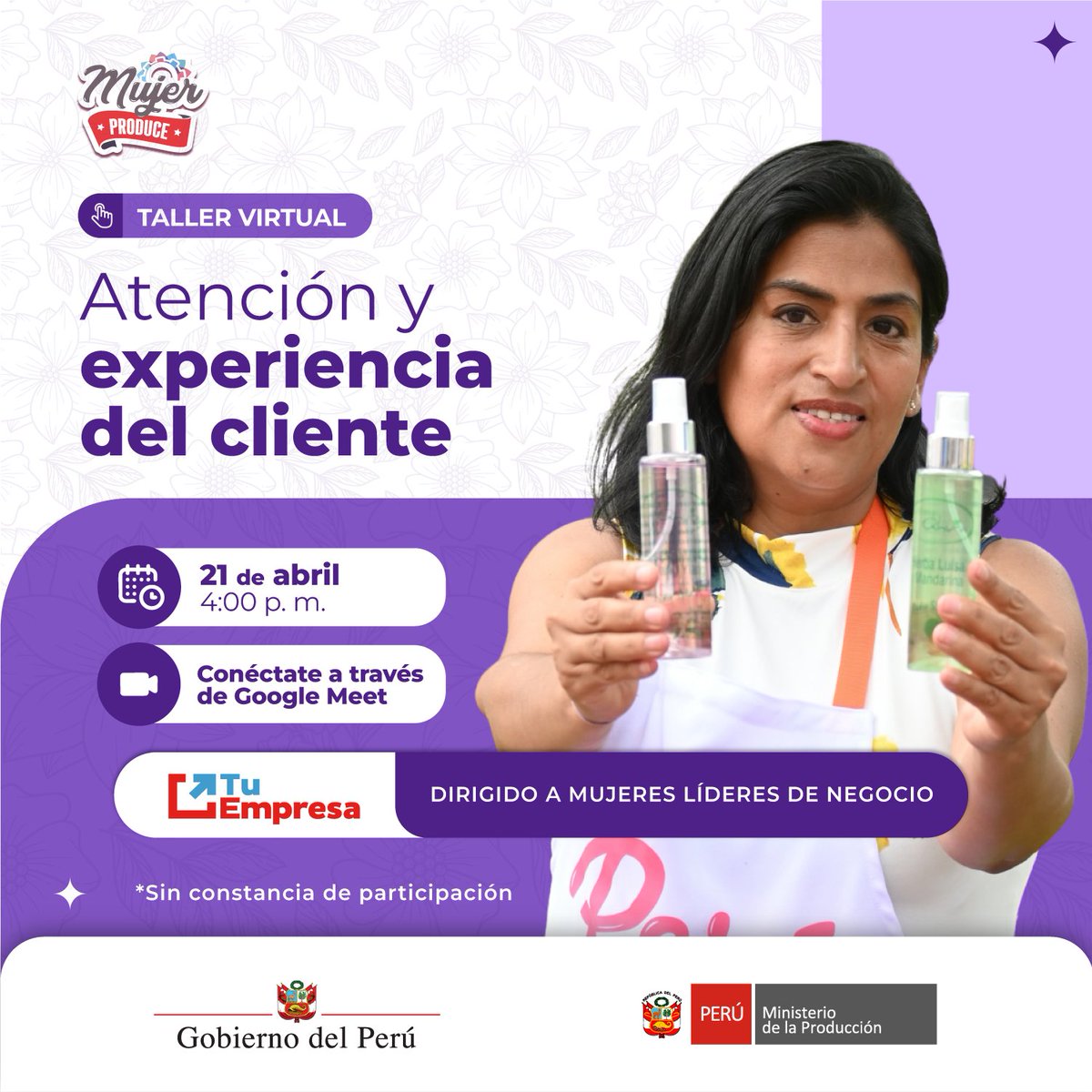 tuempresagobpe's tweet image. #MujerProduce | Únete a nuestro #webinar del @MINPRODUCCION y aprende herramientas prácticas para brindar un servicio de calidad que fidelice a tus clientes y fortalezca tu negocio.

📅 Martes 21 de abril
🕒 4:00 p. m.
📍 Regístrate aquí: tinyurl.com/366swz4b