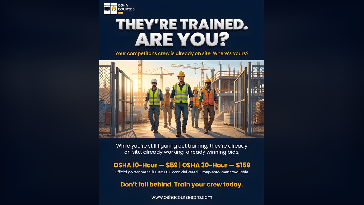 OSHACoursesPro's tweet image. They're trained. Are you? 🏗️

Your competitor's crew has their DOL cards. They're on site winning bids while you're still thinking about it.

OSHA 10 — $59. OSHA 30 — $159. ⚡

🌐 oshacoursespro.com

#OSHAtraining #TrainYourCrew #CompetitiveEdge #ConstructionSafety