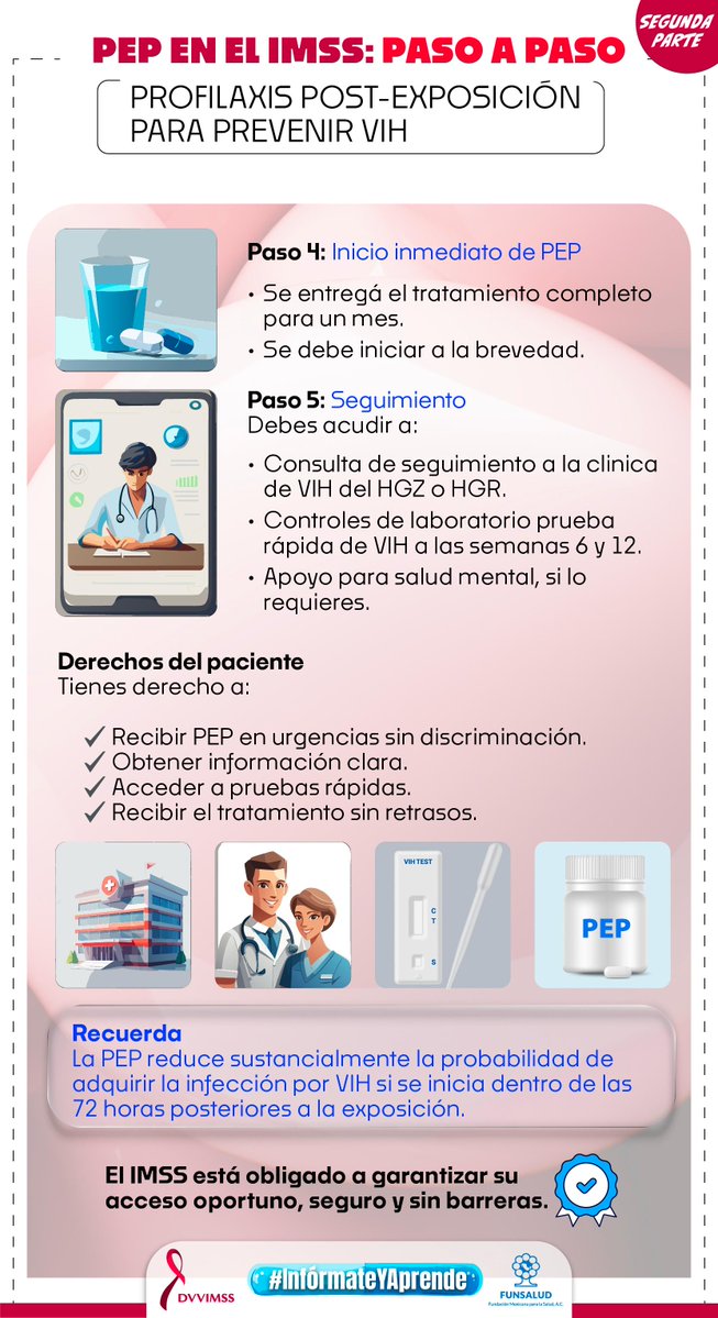 DVVIMSS's tweet image. ¿Tuviste una exposición de riesgo al #VIH?

La #PEP (profilaxis post exposición) puede prevenir la infección si se inicia a tiempo.

Está disponible en hospitales del sistema público: @Tu_IMSS , @ISSSTE_mx , @Pemex  etc.

👉 Acude a urgencias
👉 Debe iniciarse idealmente antes de