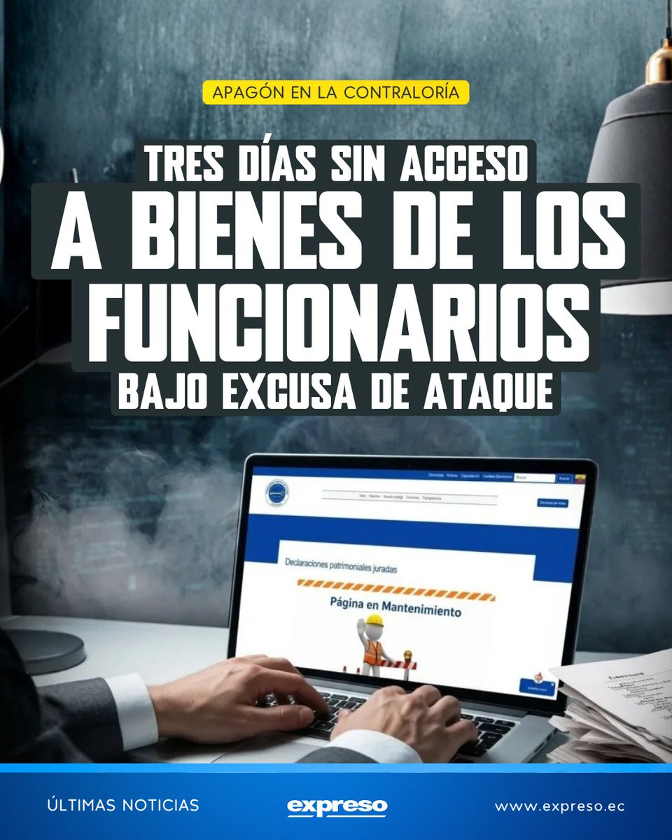 Por tercer día consecutivo, el portal de la Contraloría General del Estado (CGE) mantiene suspendido el acceso a las declaraciones juramentadas de bienes, debido a problemas técnicos.

Lee más 👉 bit.ly/3OyW6jT
