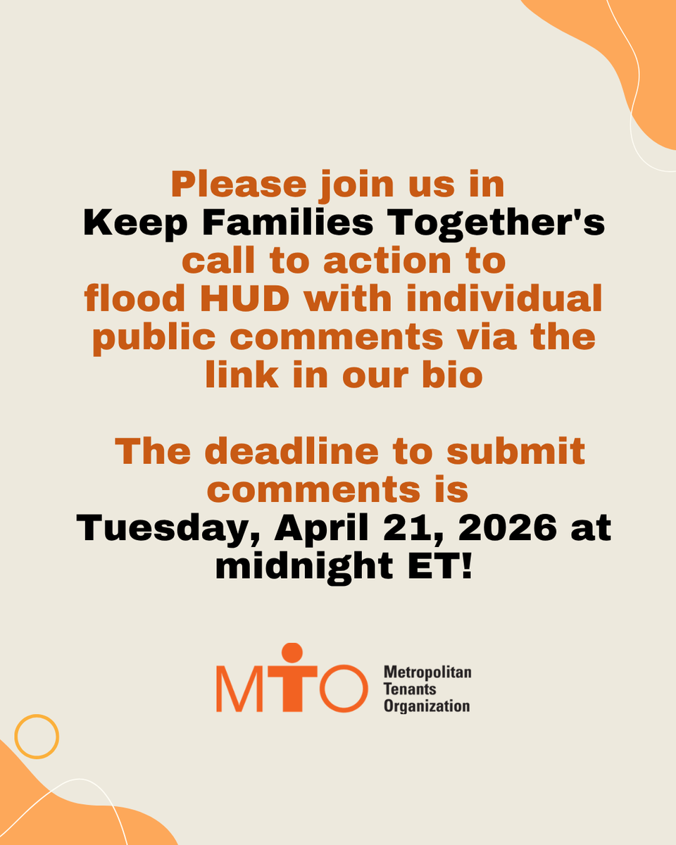 TenantsRights's tweet photo. ‼️Please join us in Keep Families Together's call to action to flood HUD with individual public comments via the link in our bio/comments/however it’s included. The deadline to submit comments is Tuesday, April 21, 2026 at midnight ET! https://t.co/kCz684Wqvm https://t.co/TjKYQZMO0n