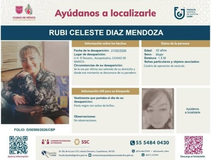 COBUPEM's tweet photo. Solicitamos de tu apoyo en difusión para dar pronta localización a RUBI CELESTE DIAZ MENDOZA, comunícate a los teléfonos al pie del boletín. #todosenlabúsqueda https://t.co/yTyZZQxaki