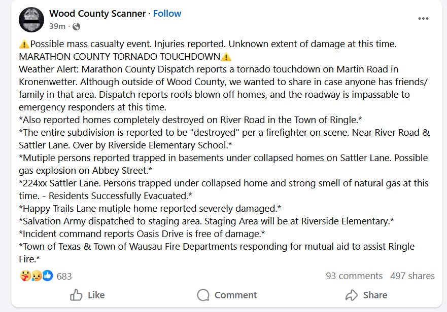StrandenWX's tweet photo. Very bad reporting coming out of Marathon County in Wisconsin, specifically the town of Ringle WI. #WIWX https://t.co/NhJVVpP5ym