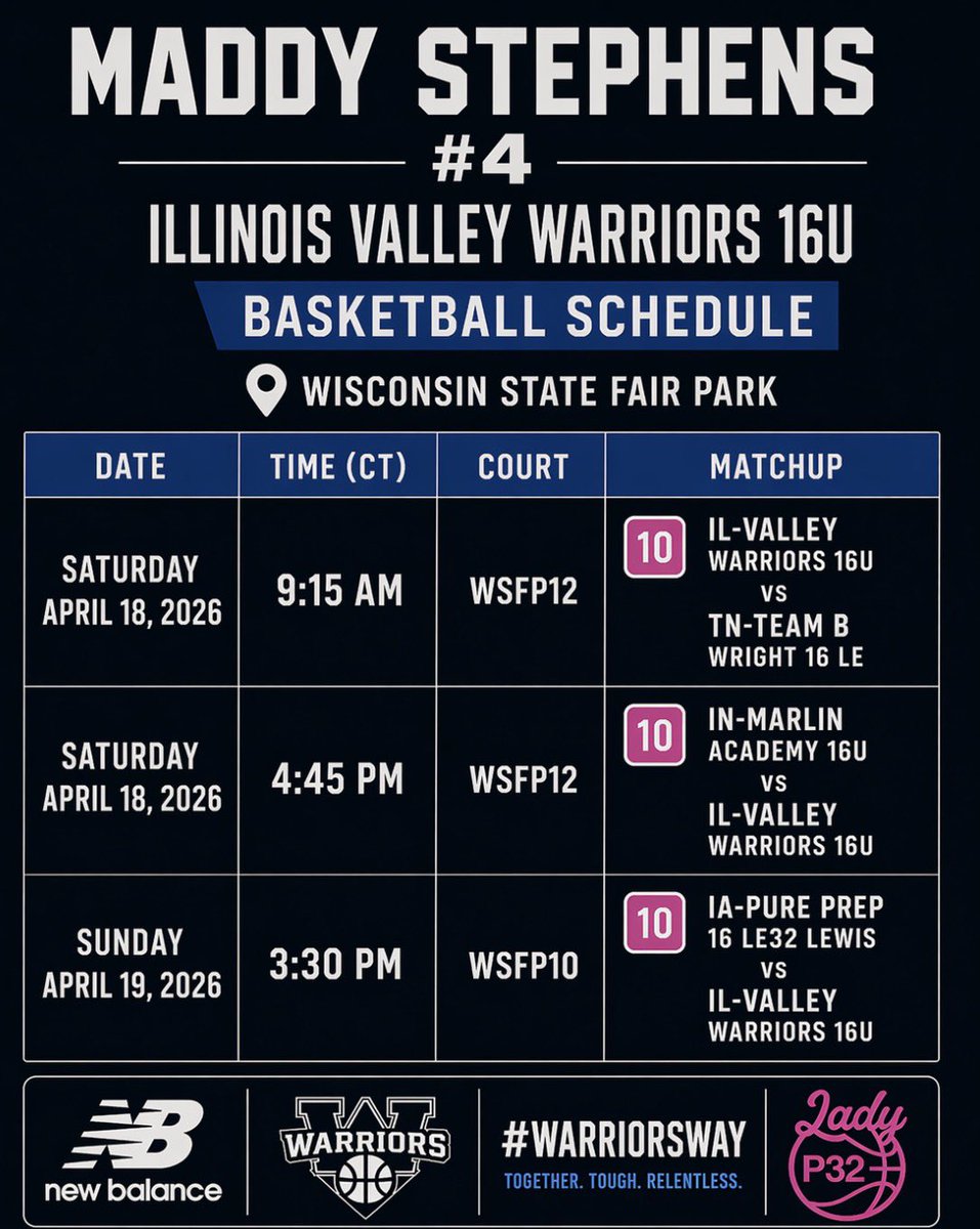 MaddyStephens28's tweet photo. Weekend schedule!!
Windy City Classic | Milwaukee, WI

Illinois Valley Warriors 16u | #4

Excited to play with my team this weekend!! 

@iv_warriors 

maddy stephens | 2028 | 5’7” G https://t.co/ouf8t3xYkI