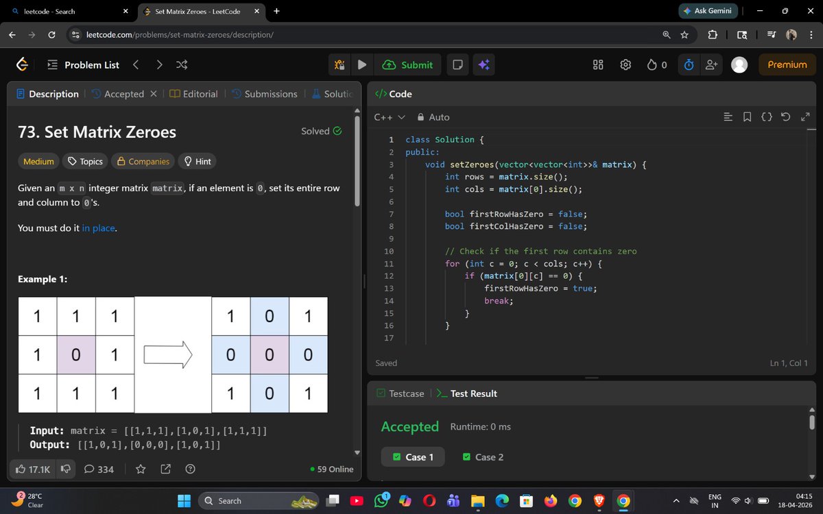 DemonAman43's tweet image. Day 11/100 💻
solved Set Matrix Zeroes

used first row &amp;amp; column as markers to track zeros

optimized space, clean approach ⚡
#100DaysOfCode #coding #leetcode #buildinpublic