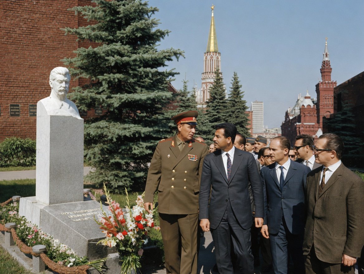 Saddam Hussein pays his respect to Joseph Stalin at his tomb in Moscow, 1972.