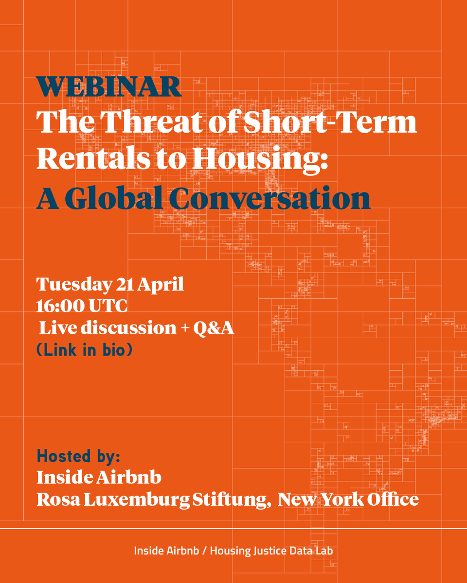 InsideAirbnb's tweet photo. What @Airbnb once called a “sharing economy” is now a global, highly commercialised industry.

📊 Join us online
🗓 Tue 21 April

With: Aline Cruvinel, @andres_dlap, @die_gennburg, Sarita Pillay Gonzalez

Register: 
https://t.co/OlkhXa0dHF

#housingjustice #shorttermrentals https://t.co/9E2Tin8FYg