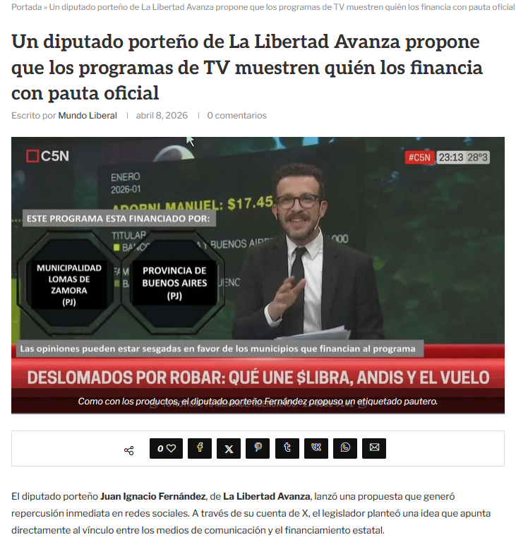 AVANZA EL📺ETIQUETADO FRONTAL DE LA TV✉️
💡Proyecto para diputados nacionales

🗣️"El planteo del diputado libertario establece que, durante los primeros 5 minutos de cada programa televisivo, se destine al menos 1 minuto a mostrar un "etiquetado frontal" de pauta oficial.

✅Ese