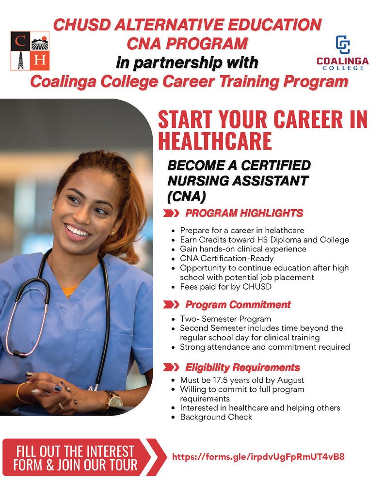 CHUSDEdServices's tweet photo. 📢 Attn: Incoming Seniors 🩺

Start a career in healthcare by becoming a Certified Nursing Assistant (CNA) through the CHUSD Alt Ed CNA Program in partnership w/ Coalinga College.

See flyer for more details &amp; contact Cambridge at (559) 935-7565 to sign up. https://t.co/OBGnIPNBxd
