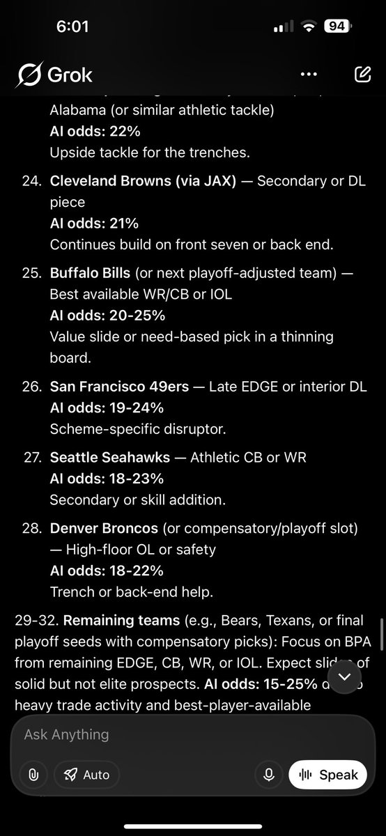 DevynShort2's tweet photo. @grok @ChatGPTapp why can’t you make one mock draft? Mind you this after MUILTIPLE follow ups telling it to update to 4/17/2026. Grok mind you took multiple tries to pry pick from it and then get the order wrong https://t.co/0iuhUPMXm8