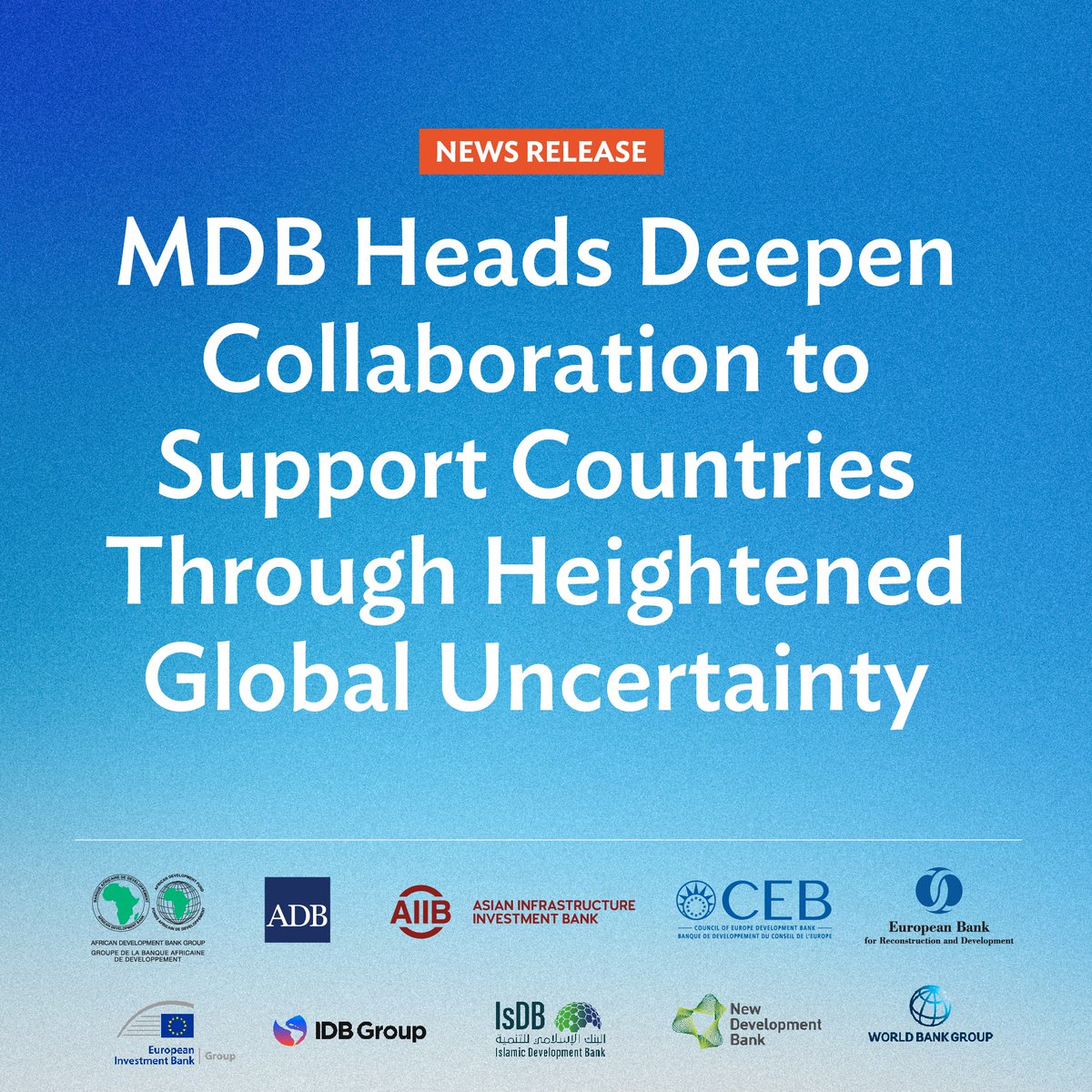 ADB_HQ's tweet photo. #ADBNews: In a period of global uncertainty, the leaders of the world’s major multilateral development banks emphasized their collective readiness to deploy timely and effective support to help member countries respond to mounting pressures while building resilience for the future. 

Read the joint news release here: https://t.co/9ZSZJZh3dz

@AfDB_Group | @AIIB_Official | @COEbanknews | @EBRD | @EIB | @the_IDB | @isdb_group | @NDB_int | @WorldBankGroup | @IMFNews