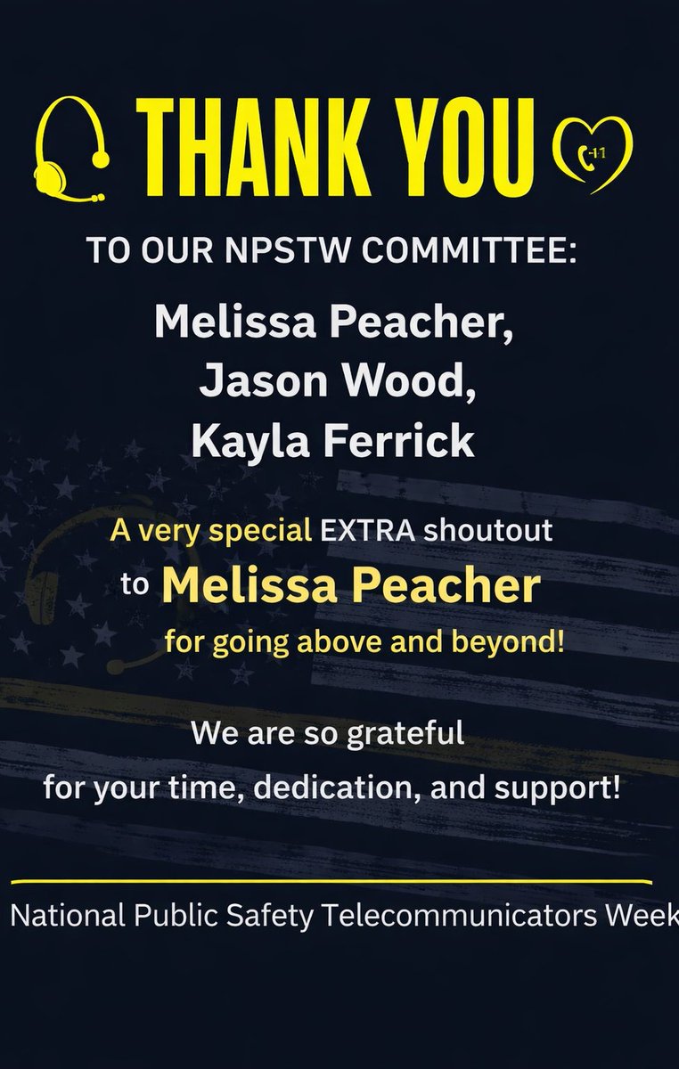 RutherfordEMA's tweet photo. A Special Thank You to Our NPSTW Committee 
We would like to extend our sincere appreciation to our National Public Safety Telecommunicators Week Committee:  Melissa Peacher, Jason Wood, and Kayla Ferrick. https://t.co/BtIAJMhZvM