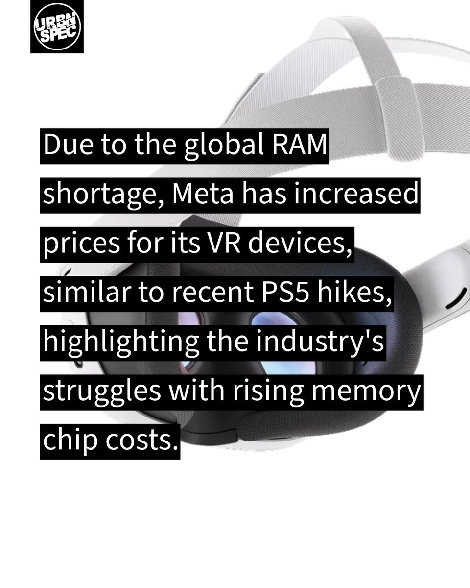 urbnspec's tweet image. Meta’s raises Quest VR prices due to global RAM shortage.  How will these rising costs shape the accessibility of virtual reality for gamers and creators alike? 

#MetaQuest #VR #VirtualReality