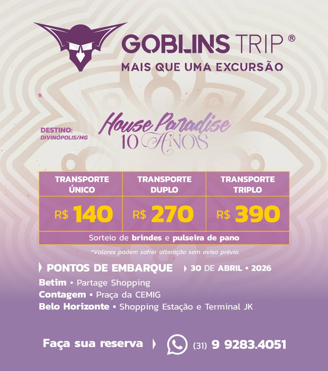 🔊 Excursão Goblins Trip HOUSE PARADISE 2026 - BH/Contagem/Betim

🔊 Indique amigos e ganhe descontos!
🔊 Vagas limitadas! Faça sua reserva!
🔊 Água e isotônico!
🔊 Transporte seguro, com ar condicionado, bancos reclináveis!

👇 Grupo da excursão 👇
chat.whatsapp.com/Bff26QeZ84rJrR…