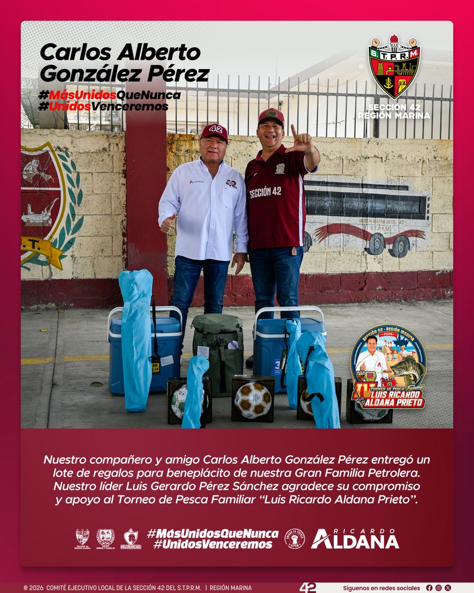 Contribuyendo a nuestro IV Torneo de Pesca Familiar “Luis Ricardo Aldana Prieto”, nuestro líder agradece la aportación de nuestro compañero y amigo Carlos Alberto González Pérez, funcionario del Comité Ejecutivo Local de la Sección 42 y responsable del módulo de atención en la