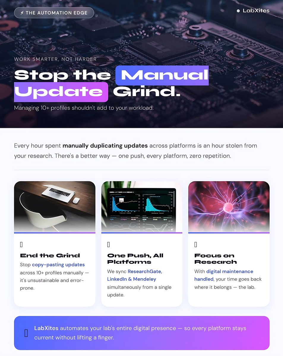 LabXites's tweet image. Stop wasting hours on manual updates ⏳⚡
Automate your lab’s digital presence and focus on what actually matters — your research. One push, every platform, zero repetition. 🚀🔬 #WorkSmarter #Automation #LabAutomation #ResearchLife #Scientists #AItools #ProductivityHacks