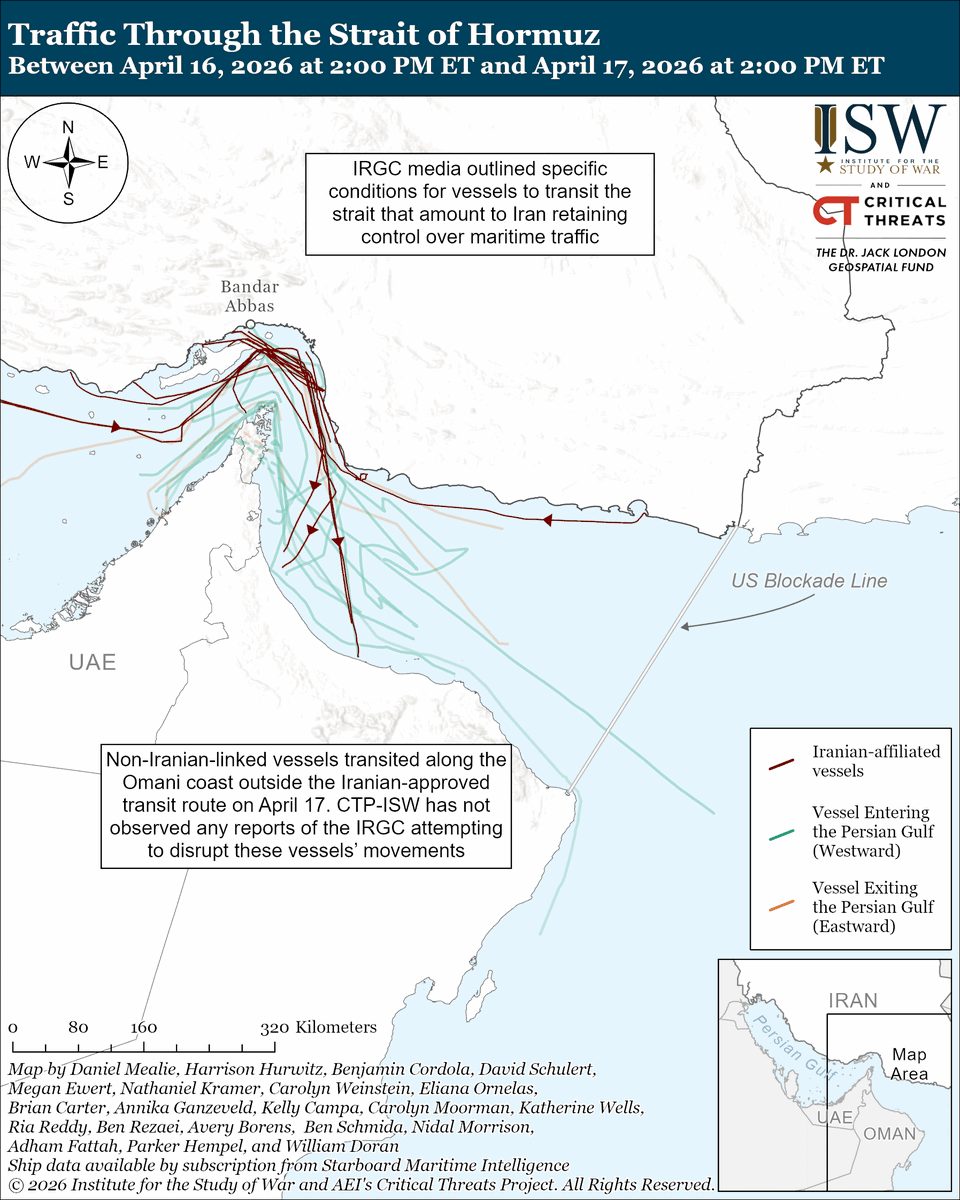 criticalthreats's tweet photo. NEW | The Islamic Revolutionary Guards Corps (IRGC), which is the Iranian entity that has disrupted shipping in the Strait of Hormuz during the war, outlined specific conditions on April 17 for vessels to transit the strait that amount to Iran retaining control over maritime traffic through the strait.

These conditions include:

1) only commercial vessels not “related to belligerent countries” may transit the strait; 

2) vessels must transit the strait via Iran’s approved transit route through Iranian territorial waters; 

3) vessels must coordinate their passage through the strait with Iranian forces. 

These conditions indicate that the IRGC seeks to retain operational control over transit through the strait, likely to continue to use the strait as a point of leverage to try to extract concessions from the United States.

The IRGC's harsh criticism of Iranian Foreign Affairs Minister Abbas Araghchi's announcement that the Strait of Hormuz is "completely open" reflects broader divisions within the Iranian regime, which CTP-ISW has consistently reported on in recent weeks.