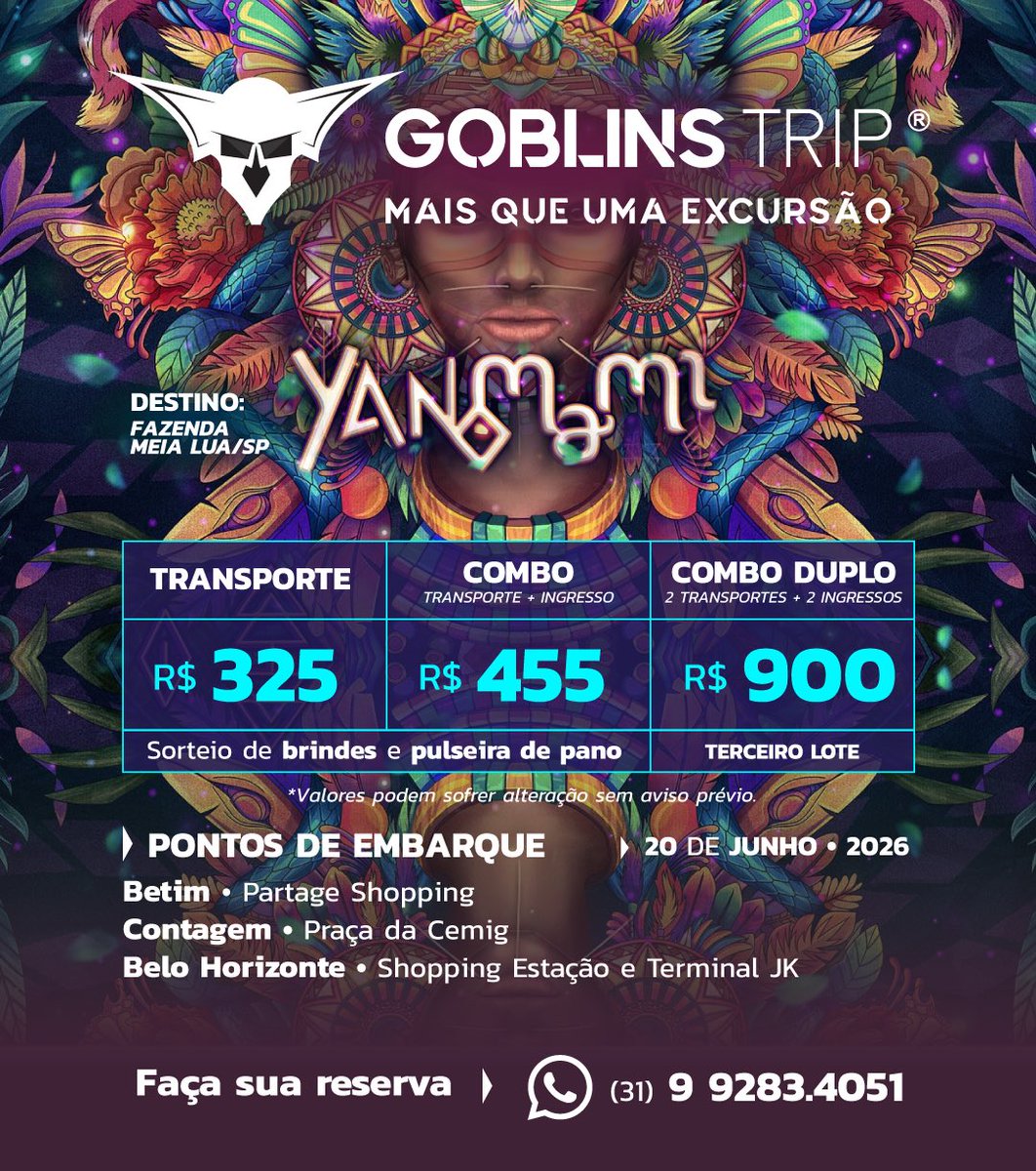 🛖 Excursão Goblins Trip YANOMAMI 2026 - BH/Contagem/Betim

🛖 Indique amigos e ganhe descontos!
🛖 Vagas limitadas! Faça sua reserva!
🛖 Água e isotônico!
🛖 Transporte seguro, com ar condicionado, bancos reclináveis!

👇 Grupo da excursão 👇
chat.whatsapp.com/JplpZjox8q93PS…
