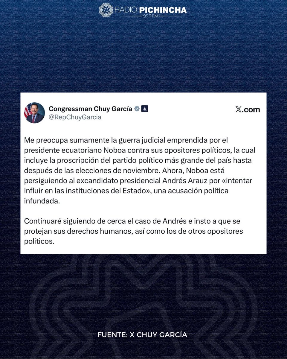 🛑 #Atención | El congresista estadounidense, Chuy García, expresó su preocupación por una “guerra judicial” en Ecuador contra opositores, y cuestionó acciones del gobierno de Daniel Noboa, incluyendo el caso de Andrés Arauz. Además, pidió que se respeten los derechos humanos de