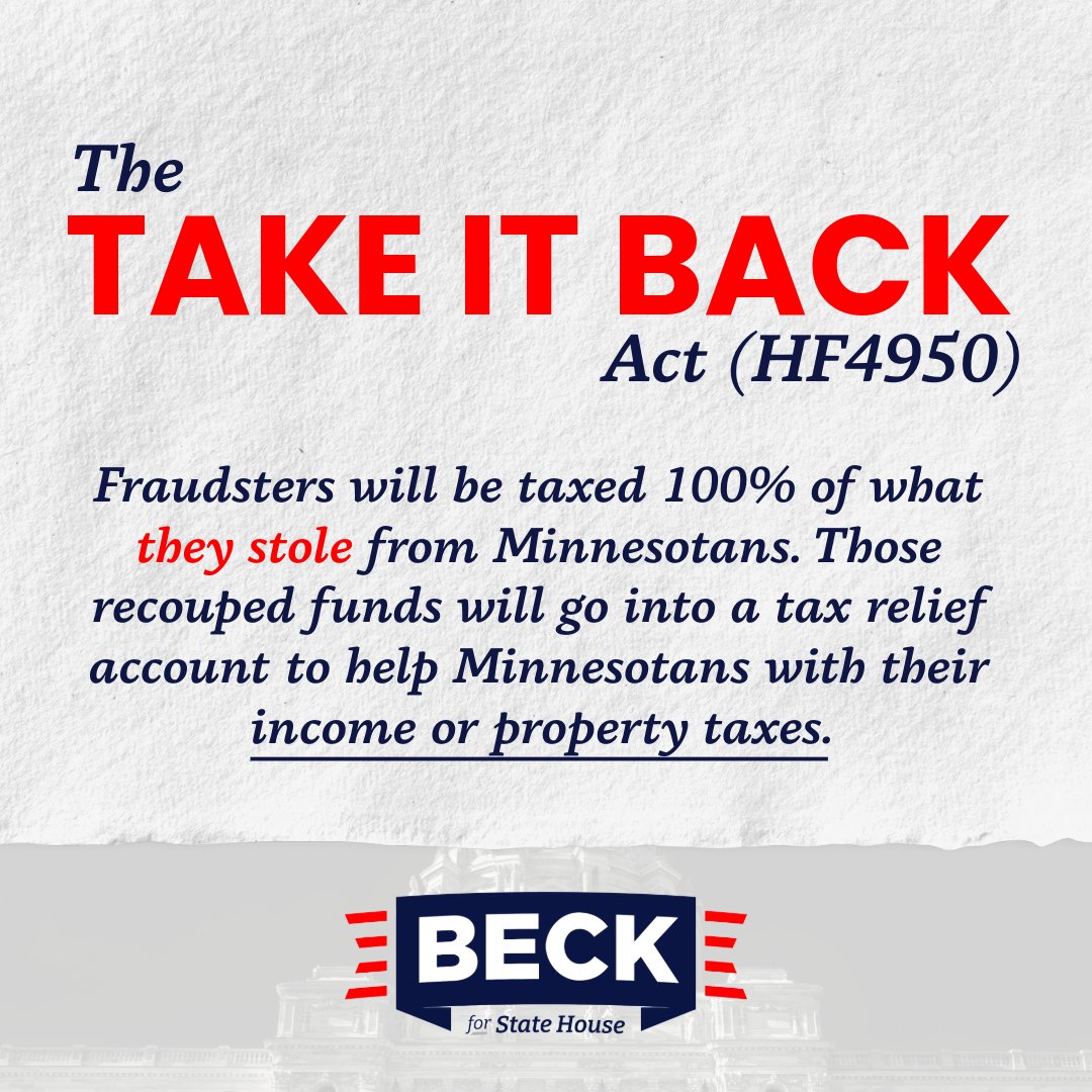 Beck4MN's tweet image. This is the only new "tax" that I will every support as a legislator. 

The "Take it Back" Act is a bipartisan bill that would hold fraudsters accountable for the money they stole. Let's get it passed!

#mnleg #minnesota #fraud #election2026