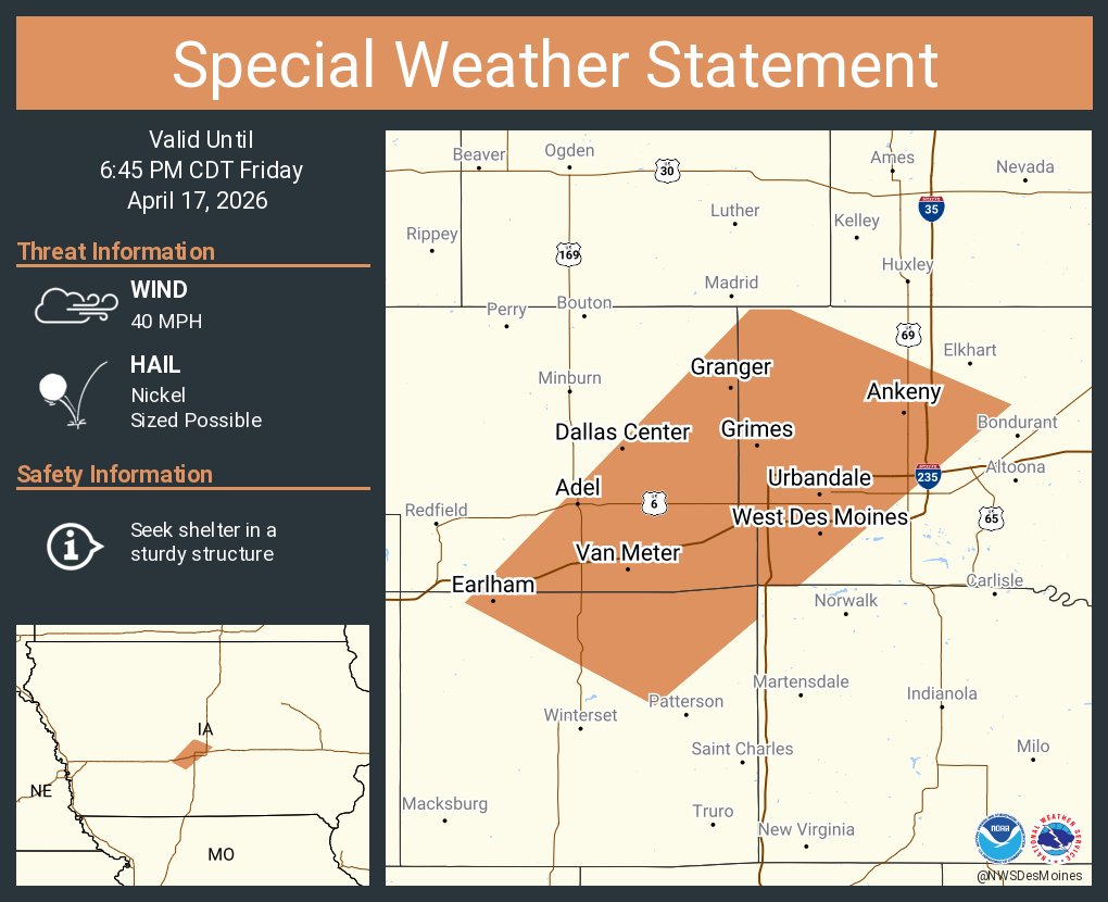 NWSDesMoines's tweet photo. A special weather statement has been issued for West Des Moines IA, Ankeny IA and  Urbandale IA until 6:45 PM CDT https://t.co/4ec2v8BhoM