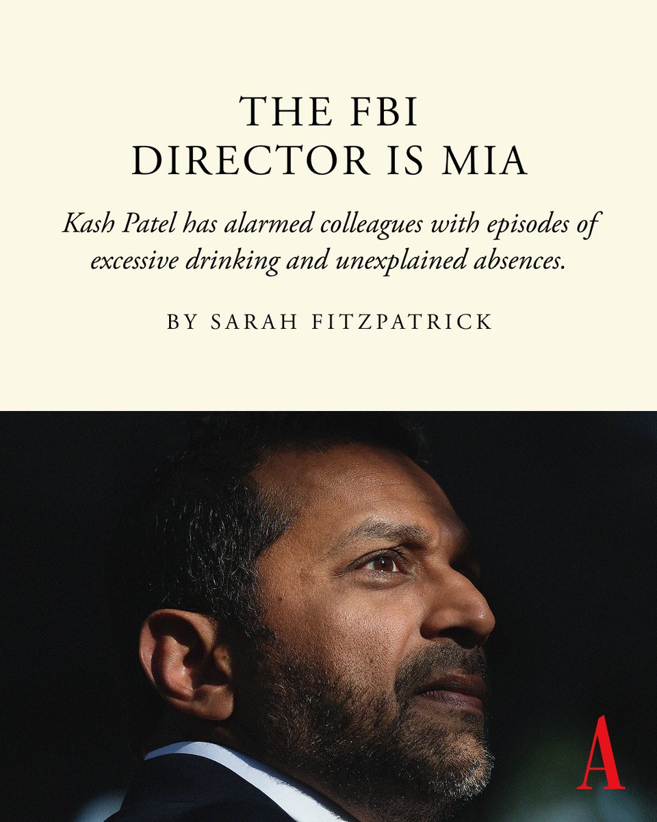 Kash Patel’s colleagues are alarmed by what they say is erratic behavior and excessive drinking, Sarah Fitzpatrick reports. More than two dozen people she spoke with described his management failures and conduct that could harm national security. theatln.tc/Nr3cEvbm