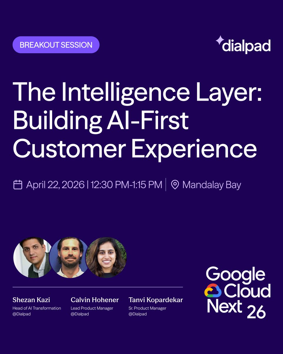 dialpad's tweet image. Dialpad leaders take the stage at #GoogleCloudNext.

Breaking down what AI-first customer experience actually looks like in practice.

📍 April 22 | 12:30 PM

👉 Save your seat: bit.ly/4iTfsdz

#AgenticAI #CX #Dialpad