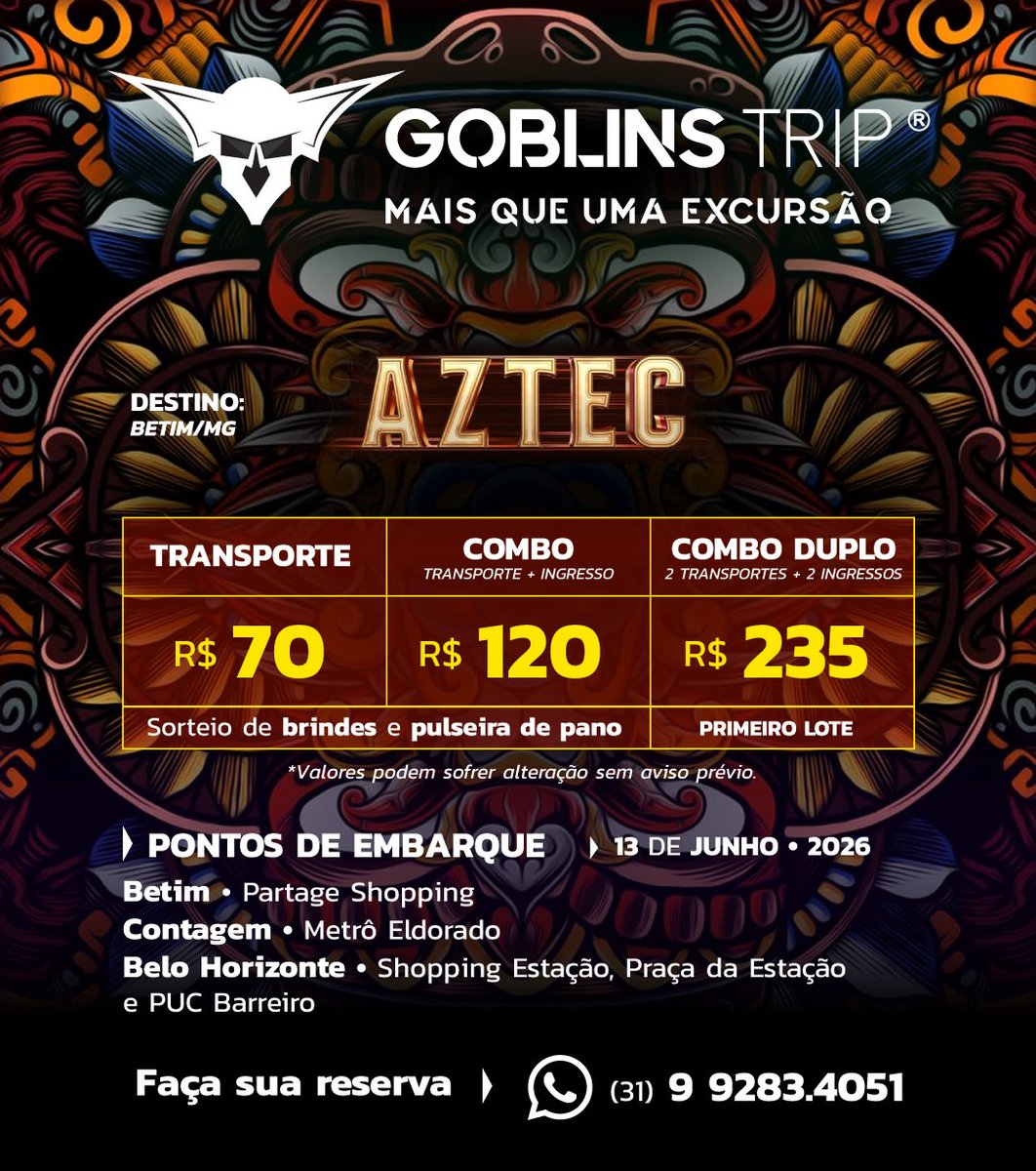 🗿 Excursão Goblins Trip AZTEC 2026 - BH/Contagem/Betim

🗿 Vagas limitadas! Faça ja sua reserva!
🗿 Indique amigos e ganhe descontos!
🗿 Água na ida e na volta!
🗿 Pulseira de pano exclusiva da excursão!

👇 Grupo da excursão 👇
chat.whatsapp.com/EdnwBNSvdqFA9A…