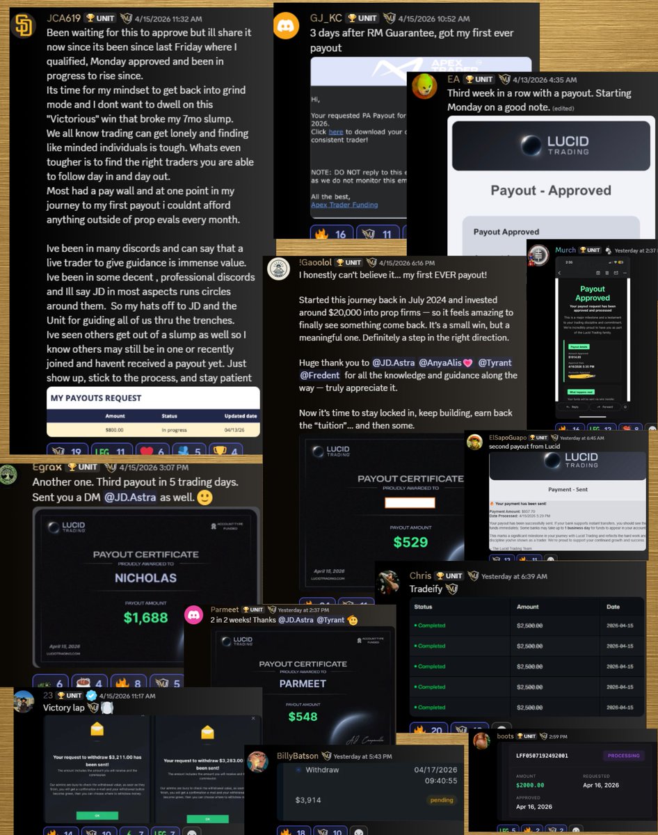 JDadastra's tweet photo. Make no mistake about it, it was a pretty tough week to trade. But day in and day out Victory Unit produces measurable results

We had several members take their first ever payouts this week, members following our risk management guarantee receive new payouts, and members put together payout streaks

- Live on screen trading streams
- Full courses/mentorships
- Rub shoulders with countless incredible traders
- Risk & philosophy talk sessions
- We will even back you and reimburse your eval you bought if you follow our risk rules
- All 100% free. No paywalls, no fees, no gatekeeping

🏆Victory is the only option
