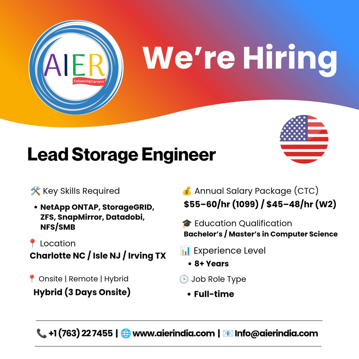 aier_india's tweet image. "💾 Hiring Lead Storage Engineer! 

Work with NetApp, ZFS &amp;amp; enterprise storage migrations. 
High-impact role in US. 

📞 +1 (763) 22 7455 
🌐 aierindia.com 

#Storage #CloudJobs"