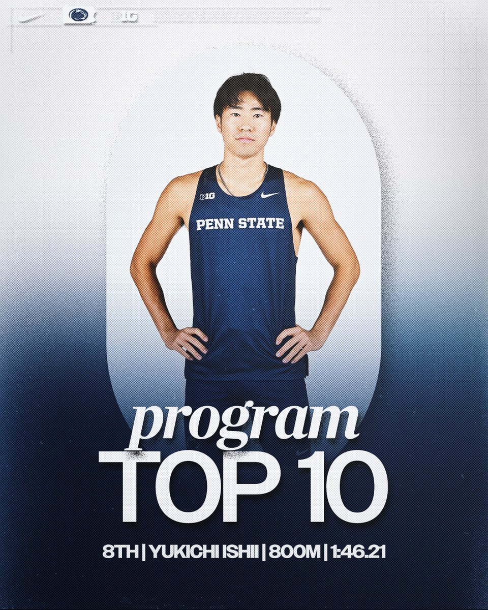 PennStateTFXC's tweet photo. Virginia Challenge | Event

AN 800M RACE TO REMEMBER!

Three Nittany Lions earn spots in the program Top 10! 

🥈| Schultz | 1:45.24
🥉| Clay | 1:45.24
4 | Ishii | 1:46.21
10 | Regnier | 1:46.91
13 | Nastari | 1:47.32
18 | Fitzgerald | 1:48.07

#WeAre #PSUTF https://t.co/QnsG5aLYjJ