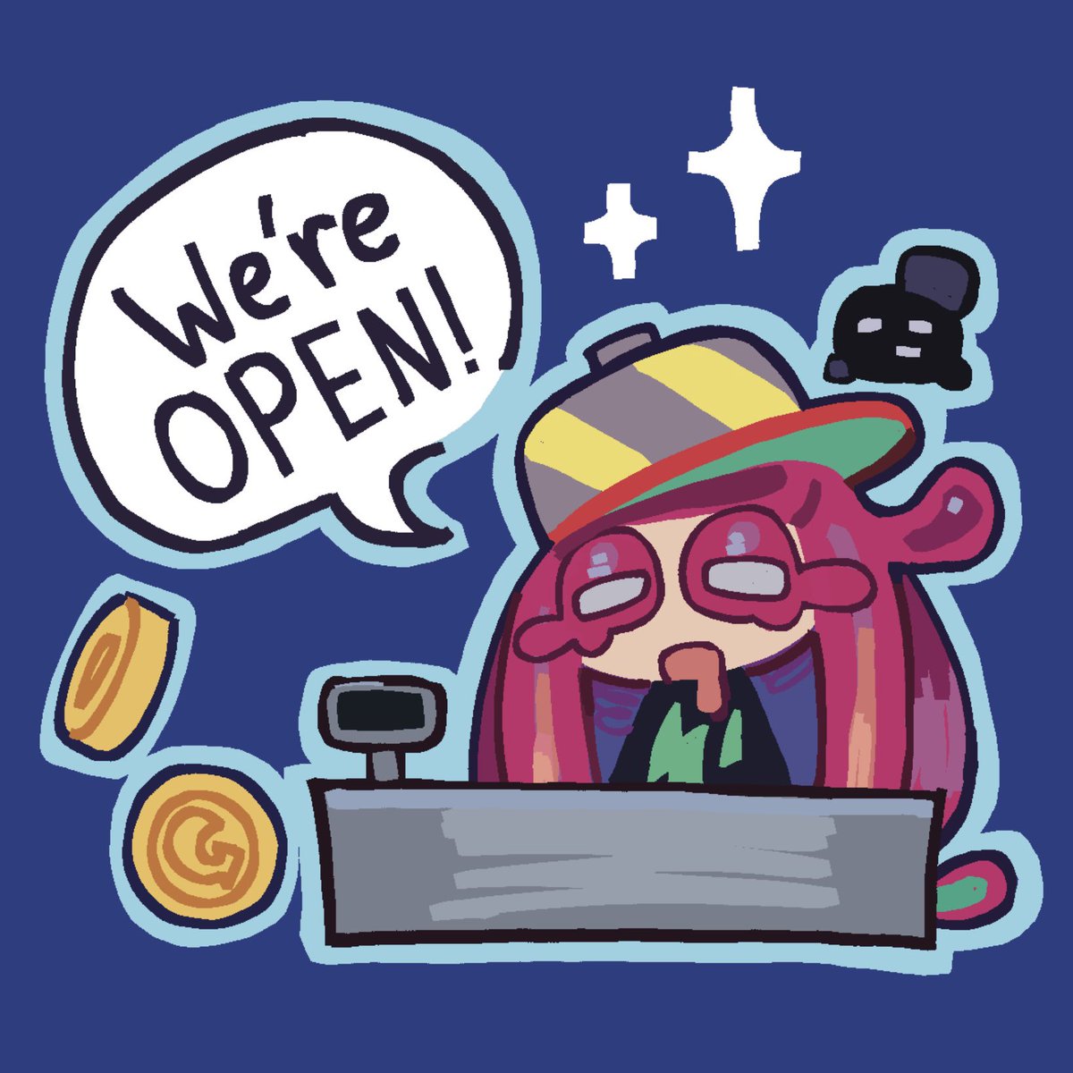 Vetrelex's tweet image. Shop is open again! I got some new stuff and they’re pretty cool! Link to my main shop and Etsy in my bio. 😺 #splatoon #stickers #shop #squids