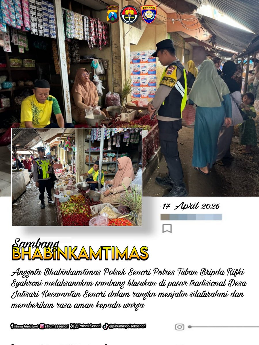Layartancap77's tweet image. Sambang Pasar Desa Jatisari Anggota Bhabinkamtimas Polsek Senori Polres Tuban Polda Jatim Berikan Himbauan Kamtibmas Kepada Pengunjung

@DivHumas_Polri
@1polrestuban
@PolsekSenori
@bidhumas_jatim

#polisi #police #polisiviral #polisijatim #polri #polripresisi #polisiindonesia