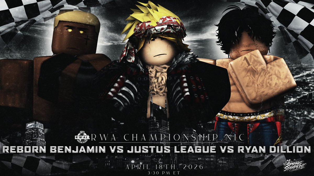 RWAMedia's tweet photo. TOMORROW! 🚨

A NEW match has been added onto the card! @ballotinyourbox, @sixpathjustus, @justin_wfc ALL go at it for a SHOT to face @ApoloLeaguee FOR THE #RWAChampionship in the main event of #RWASpringStampede!🏎

WHO will ADVANCE to face the #PAINMAKER!?🤔

@ 3:30 PM ET. https://t.co/0jCFnunQk5