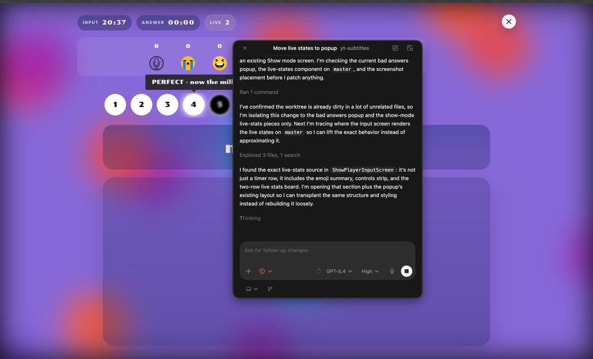 tir3d_developer's tweet photo. one of the best features of Codex, It lets you open a popup window which helps to make changes realtime, @theo when this is coming to t3code, I will love to use it more... https://t.co/qR078jLZSr