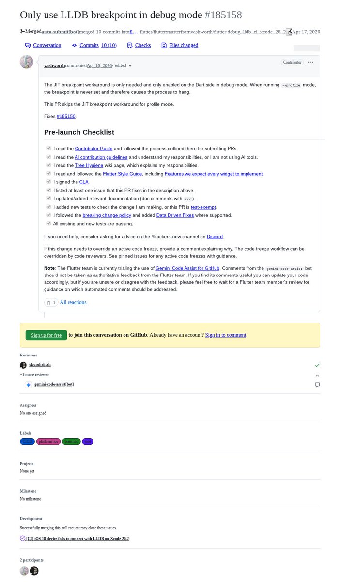 FlutterMerge's tweet image. "Only use LLDB breakpoint in debug mode" by Victoria Ashworth was merged into #Flutter master github.com/flutter/flutte…