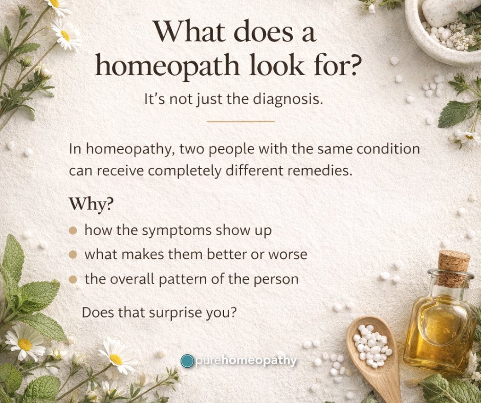 What does a homeopath actually look for?

Not just the diagnosis.

Two people with the same condition can receive different remedies based on their unique symptoms and patterns.

It’s individualized at its core.

#purehomeopathy #drlisaamerine #drmikeknapp #telemedicine